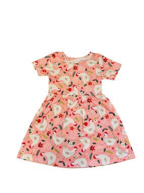 Girls 4T Christmas Chicken Print Short Sleeve Pink Dress